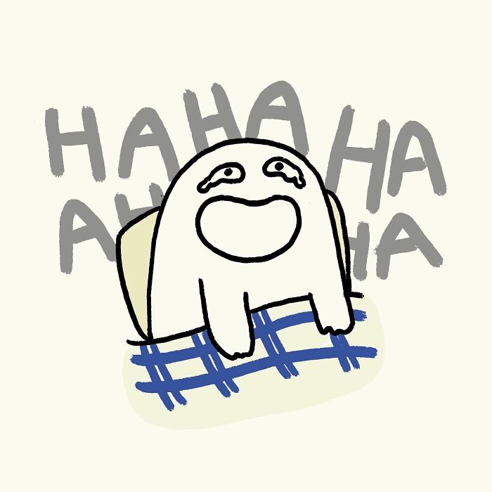 Funny and relatable doodle of a character remembering a random meme before bed, capturing everyday thoughts humorously.