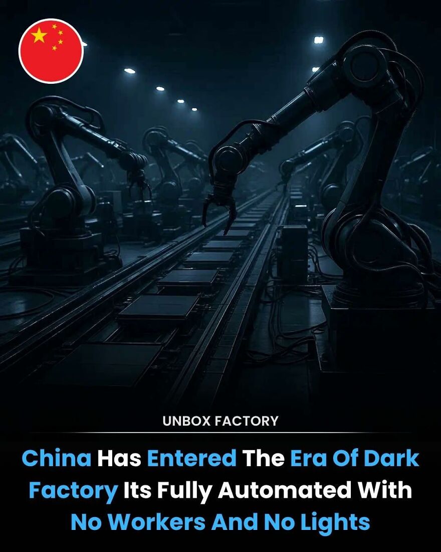 Automated factory robots working in a dark factory, highlighting new facts about technology and automation advances.