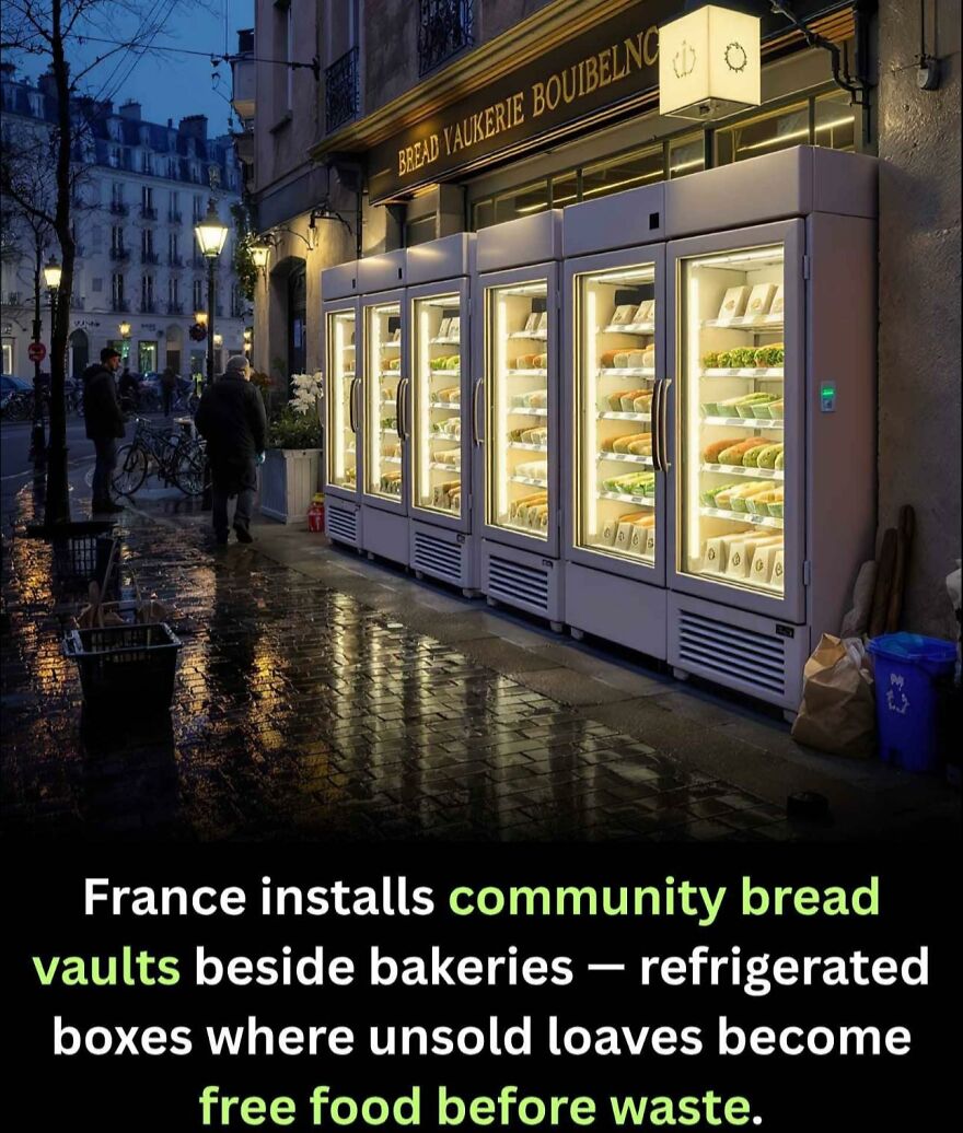 Community bread vaults installed beside bakeries in France offering free food from unsold loaves before waste.