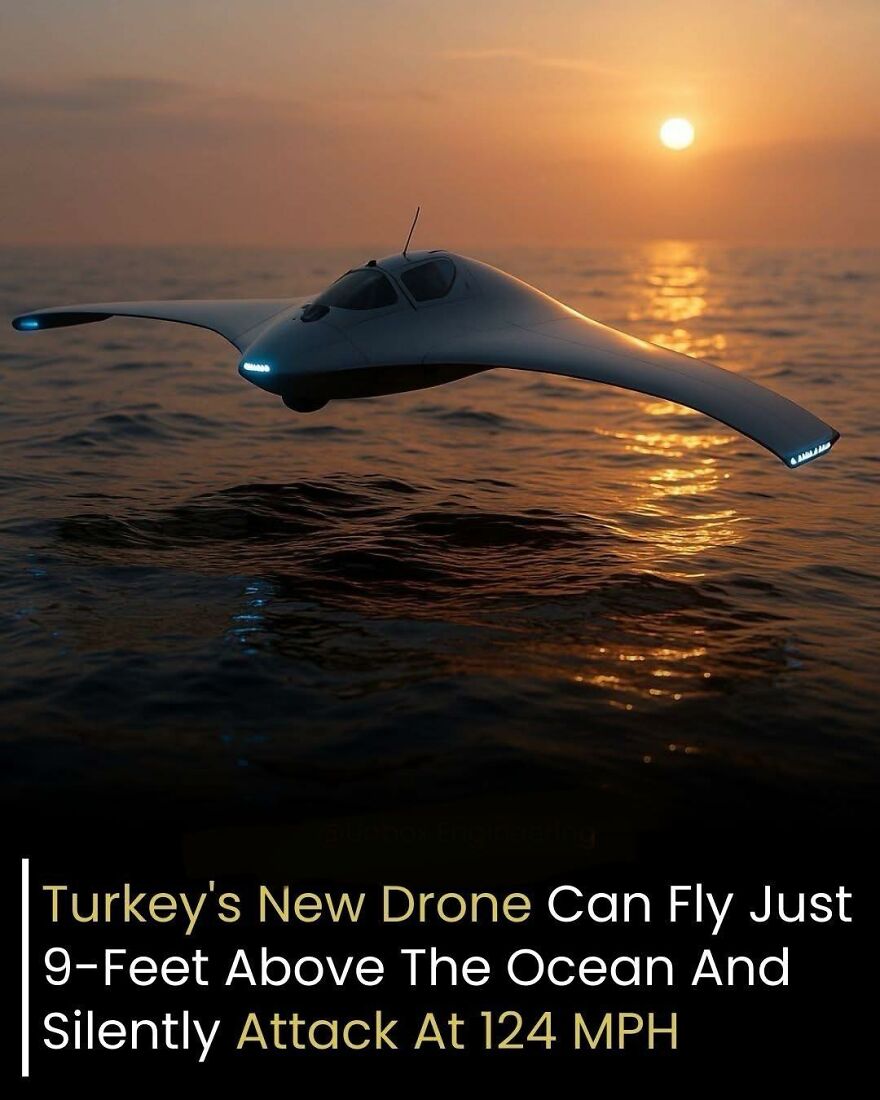 Drone flying silently above ocean at sunset, showcasing innovative technology for fast and low-altitude attacks.