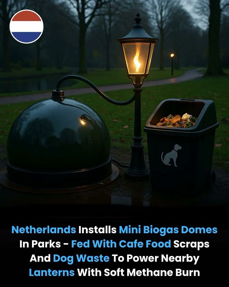 Mini biogas domes in Netherlands parks convert cafe food scraps and dog waste to power soft methane lanterns.
