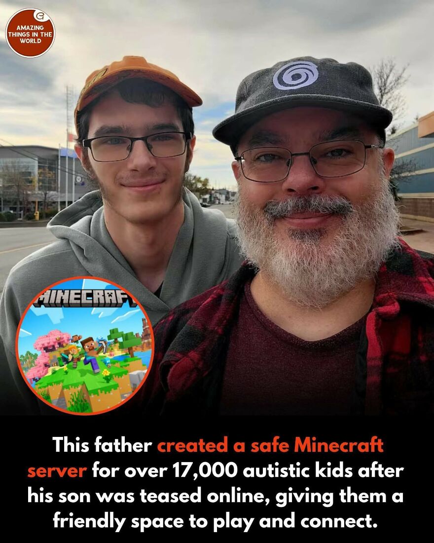 Father and son smiling outdoors with text about creating a safe Minecraft server for autistic kids to connect.