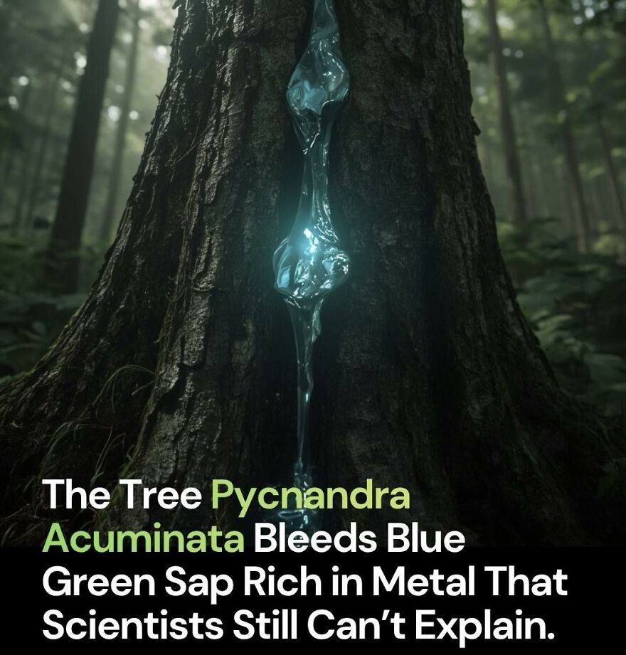 Blue green sap oozing from Pycnandra Acuminata tree in forest, a fascinating fact for those who enjoy learning new things.