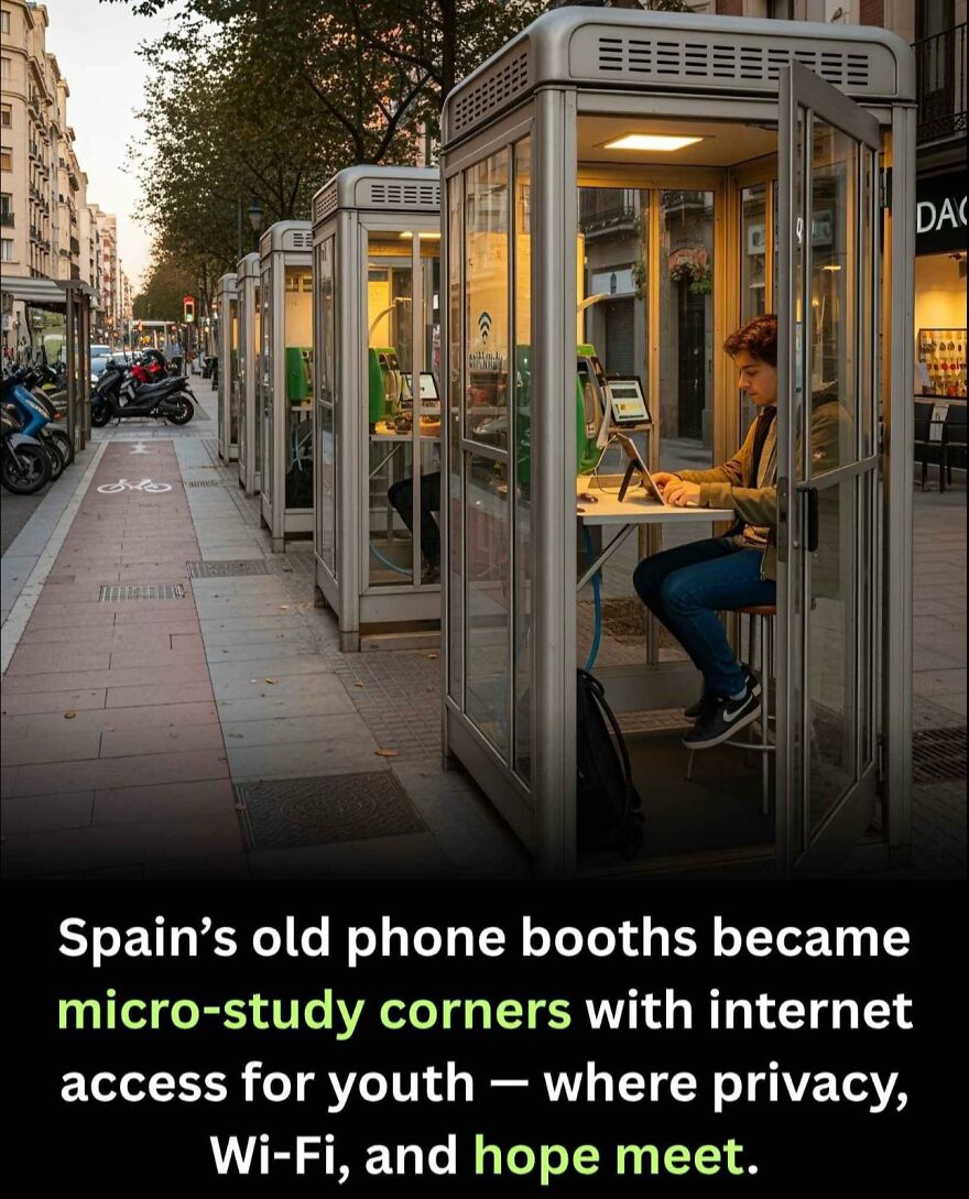 Young person using Spain’s old phone booths as micro-study corners with internet access, showcasing new learning facts and hope.