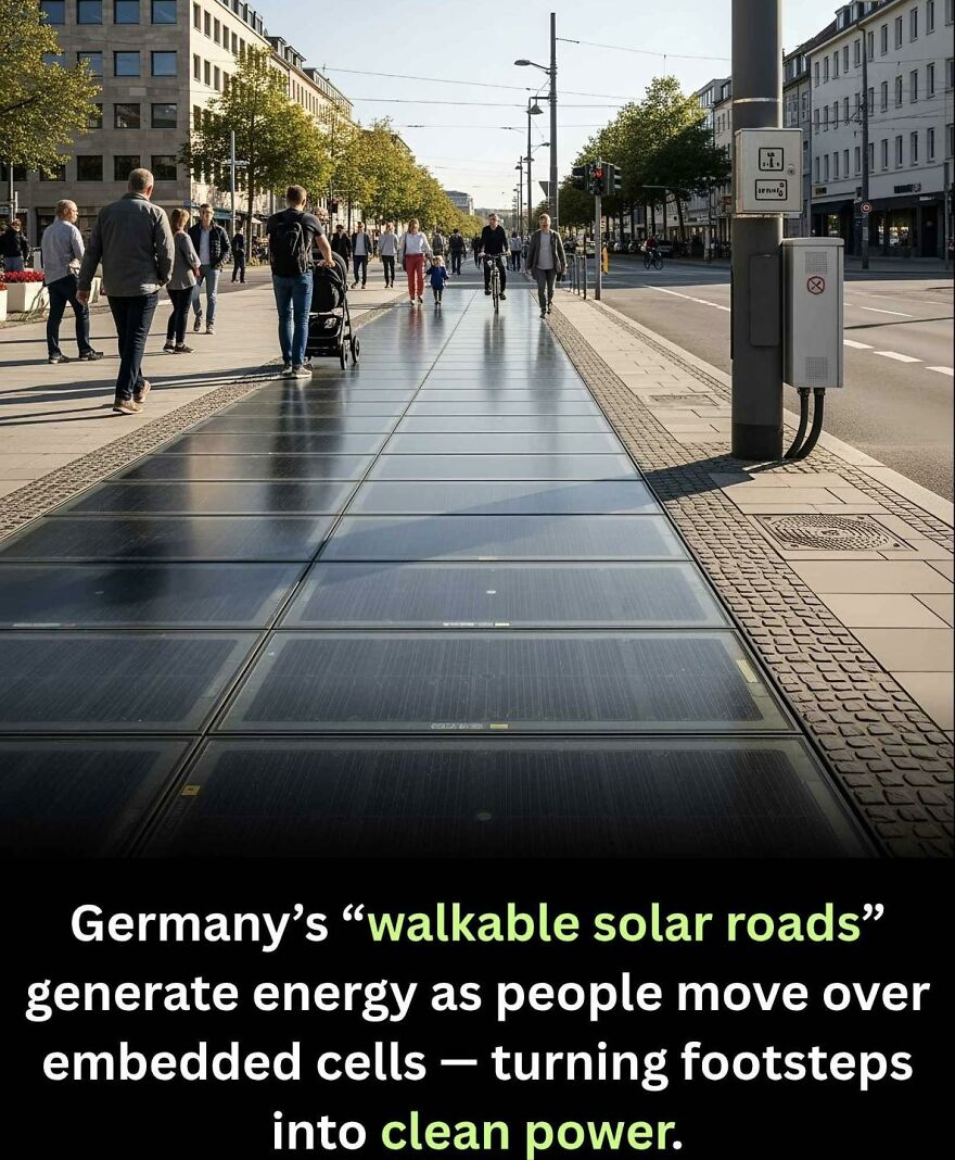 Walkable solar roads in Germany generate clean power as people walk on embedded energy cells in urban areas.