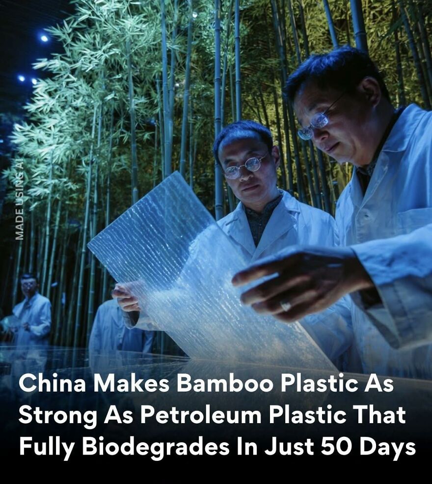 Two scientists examining bamboo plastic in a bamboo forest, showcasing innovative biodegradable material facts.