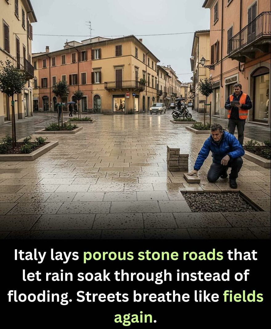 Workers installing porous stone roads in Italy designed to prevent flooding by letting rainwater soak through.