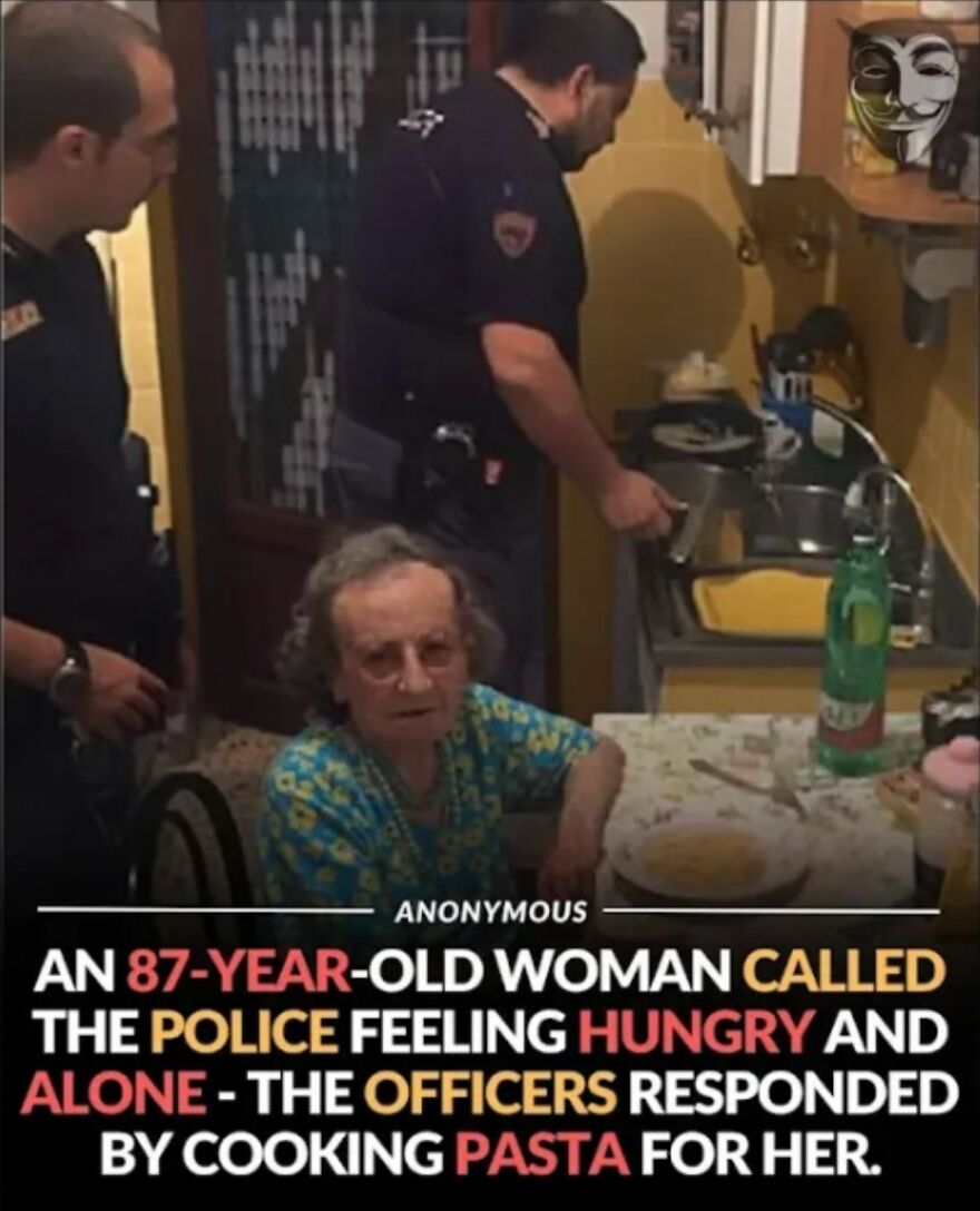 Elderly woman feeling alone and hungry, police officers cooking pasta for her in a wholesome moment.