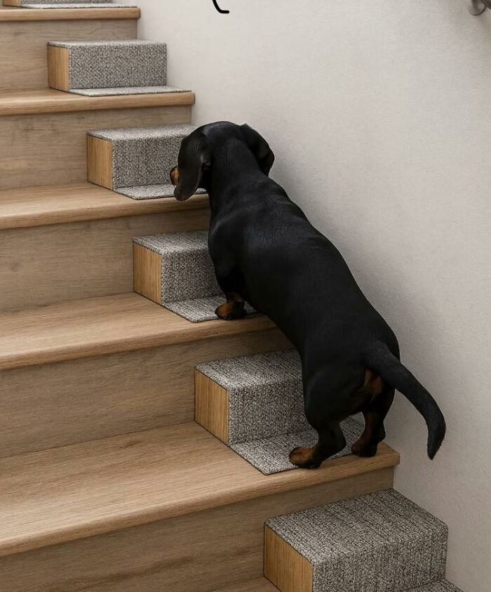 Dachshund dog climbing small stairs designed for animals, showing a wholesome and funny moment with pets.