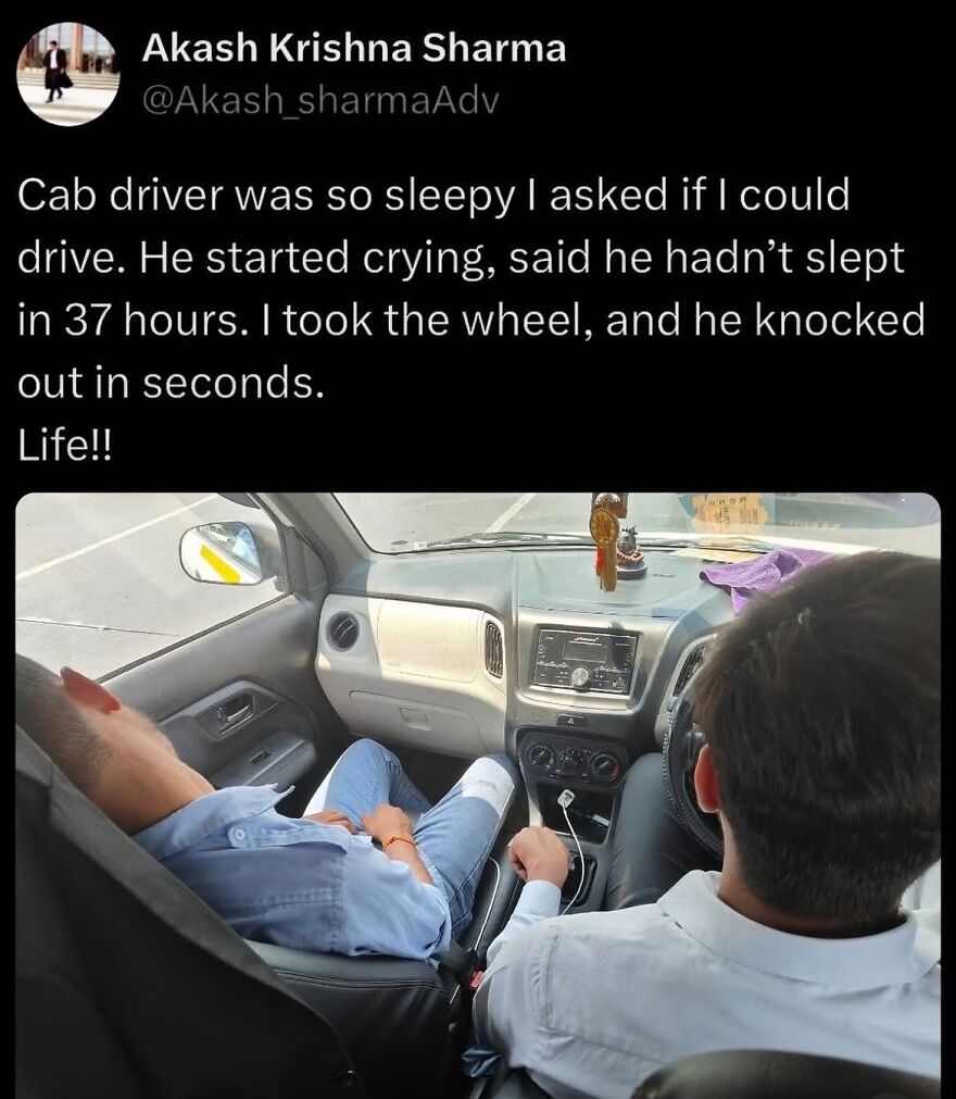 Two men in a car showing a sleepy cab driver who fell asleep, one man taking the wheel, post from wholesome posts series.