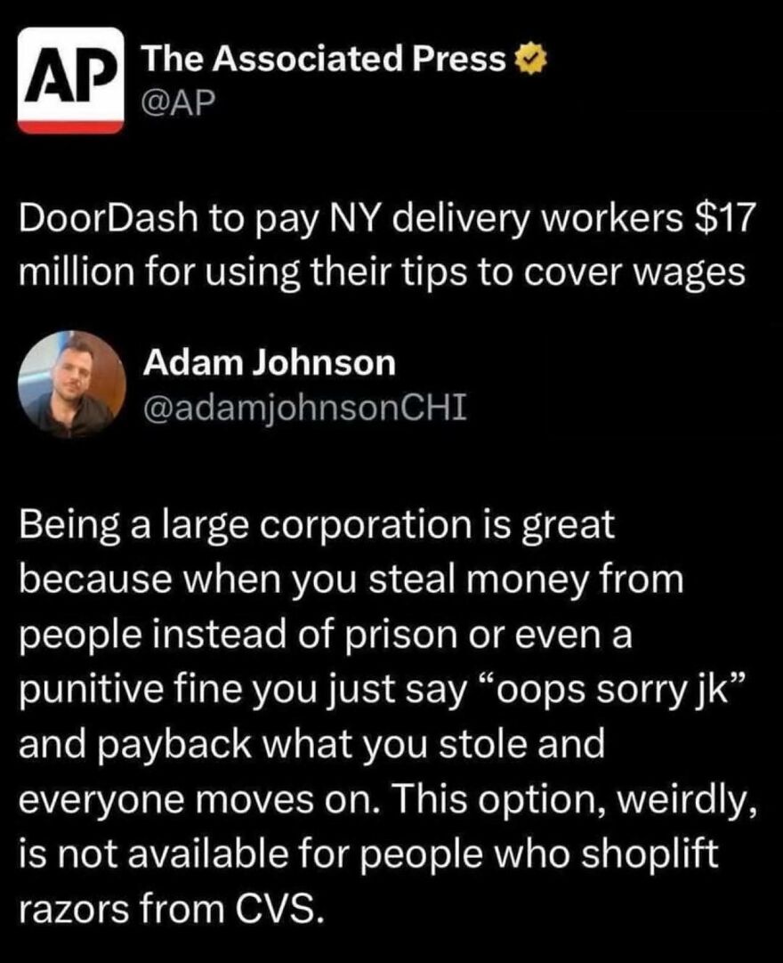 Tweet about DoorDash paying $17 million to NY delivery workers after using their tips to cover wages, revealing corporate practices.