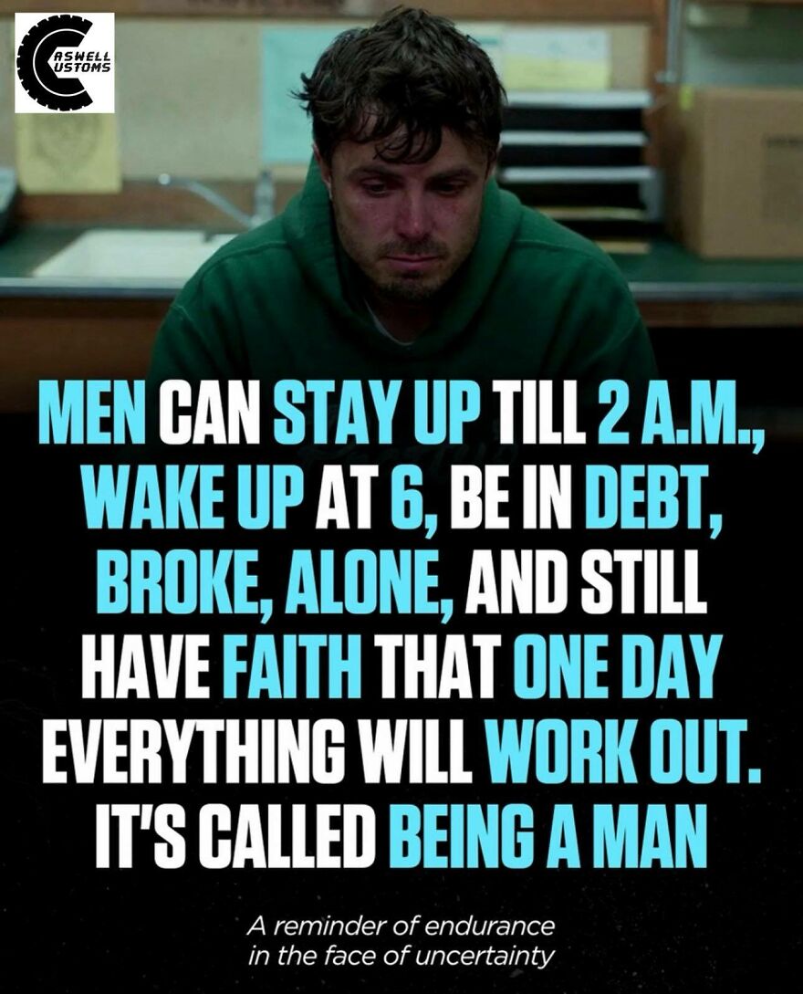 A man in a green hoodie looks down sadly with text about endurance, debt, faith, and being a man, highlighting wholesome posts.