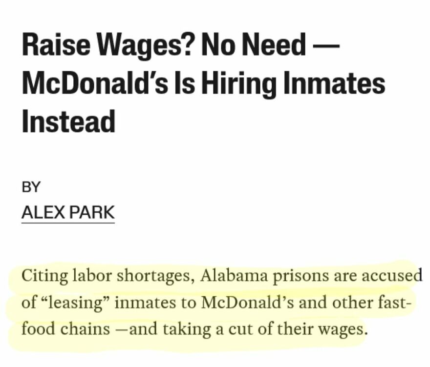 Headline about McDonald's hiring inmates amid labor shortages, highlighting controversial wage and prison labor issues.