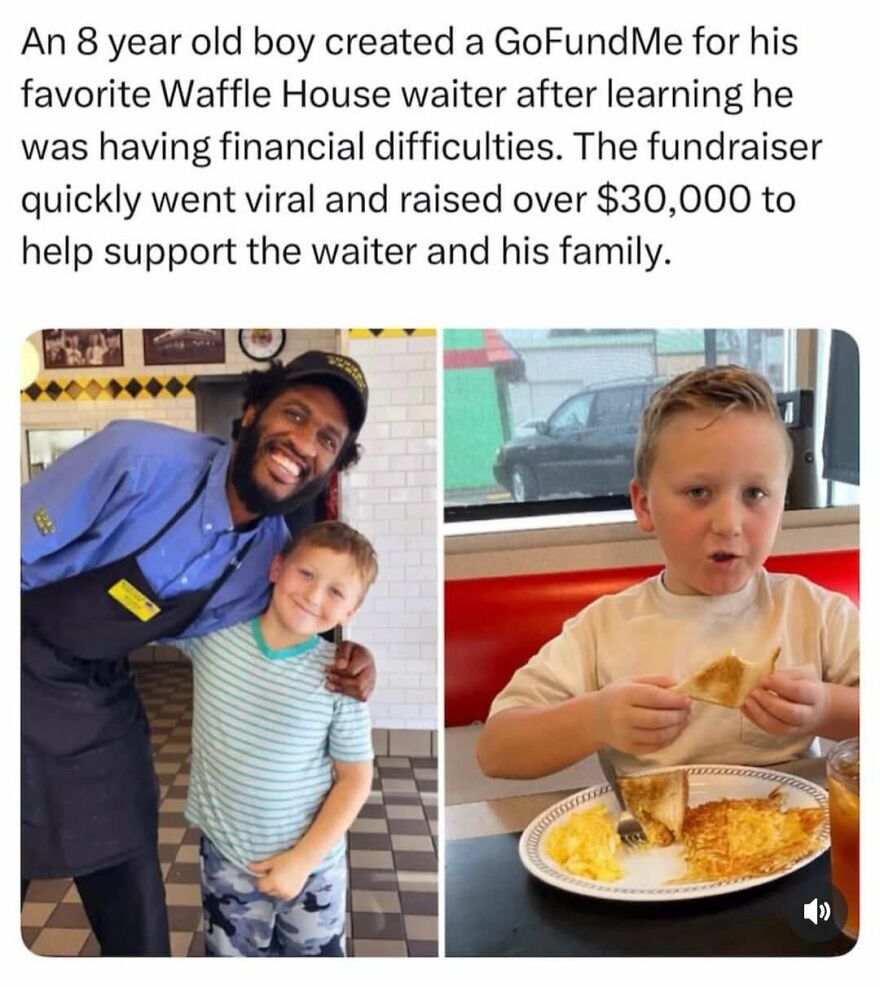 Eight-year-old boy creates GoFundMe for waiter, raising over $30,000 to support his family in a wholesome viral post.