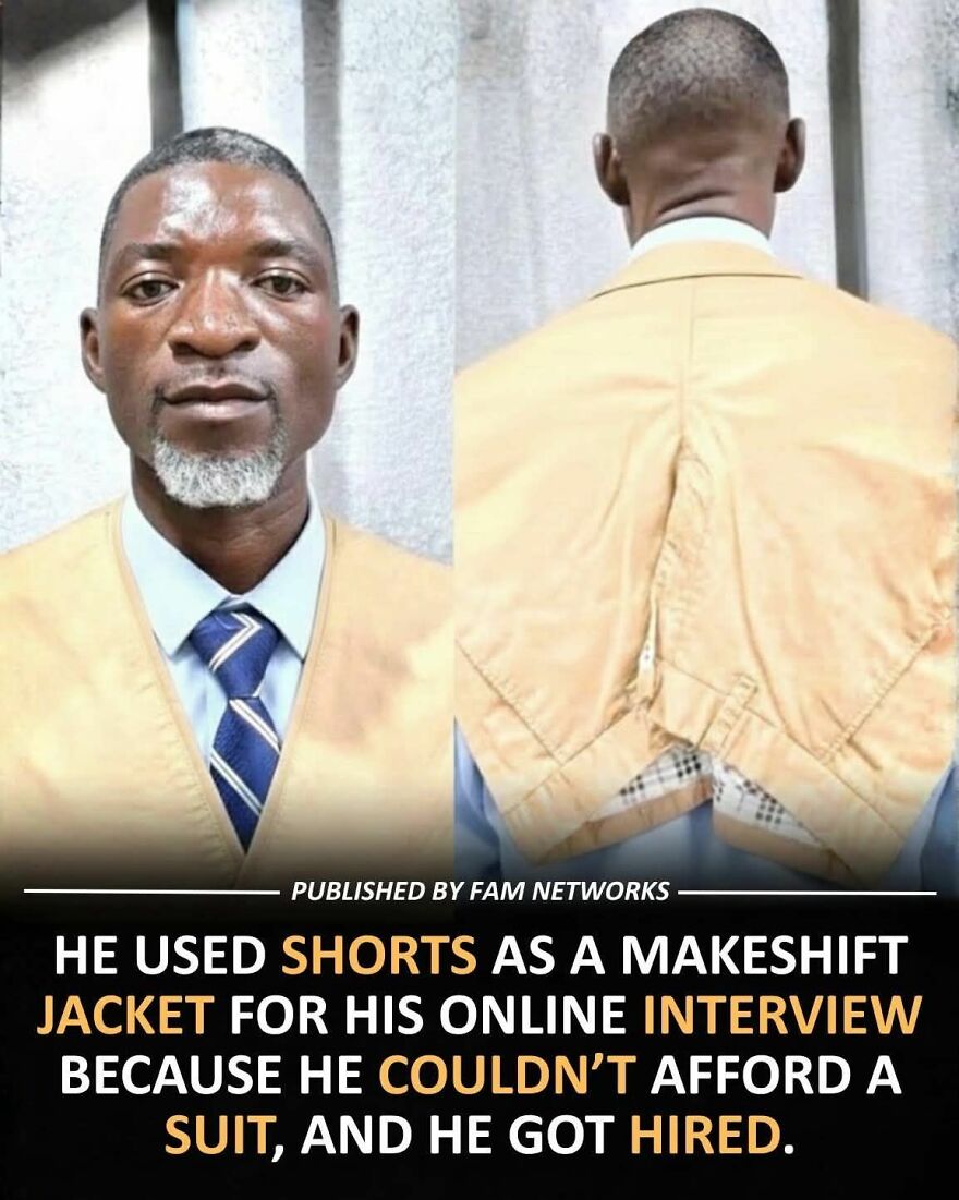 Man wearing shorts as a makeshift jacket for an online interview, showcasing creativity in wholesome posts revealed.