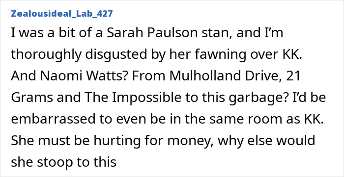 Screenshot of a social media comment criticizing the 'All's Fair' premiere with Kim Kardashian, revealing behind-the-scenes pain.