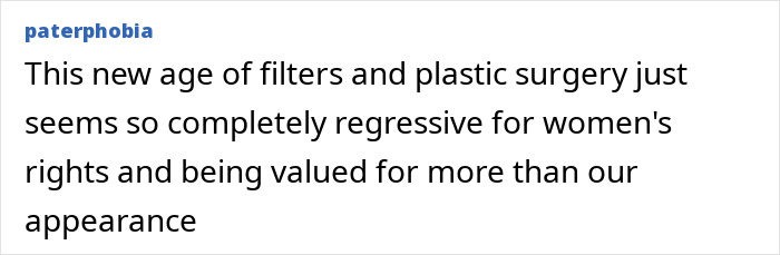 Text post discussing the regression of women's rights and appearance focus amid plastic surgery and filters speculation.