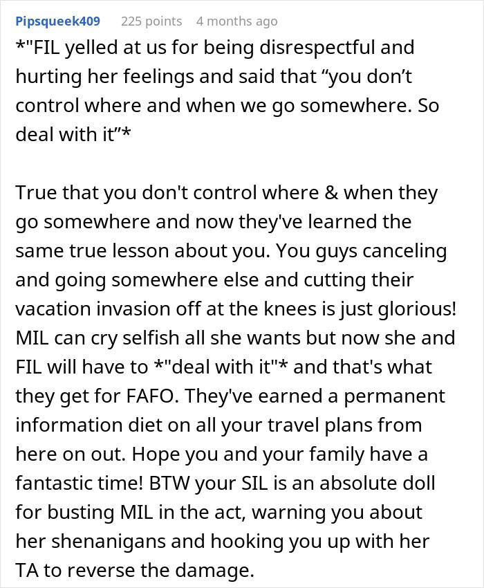 Screenshot of Reddit comment discussing MIL coming on a couple&rsquo;s vacation and being outplayed by their travel plans.