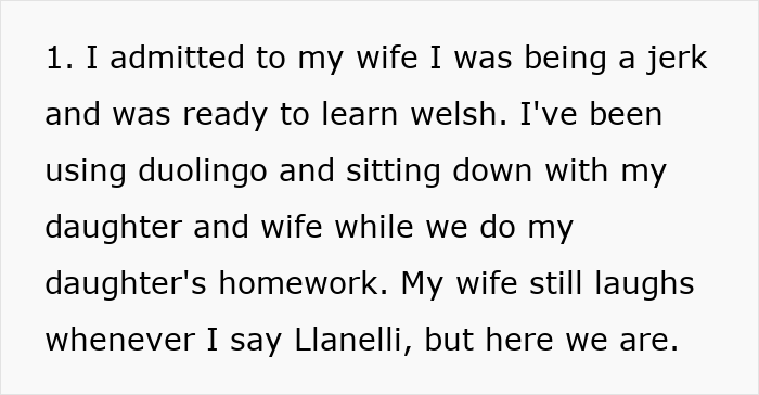 Text about dad admitting he was wrong about mom&rsquo;s native language, learning Welsh with his daughter to support her homework.