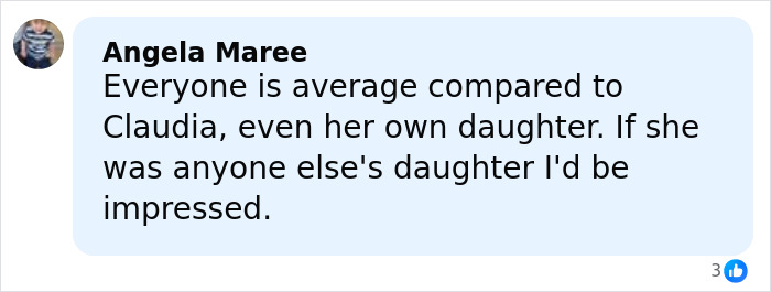 Comment from Angela Maree discussing Claudia Schiffer&rsquo;s lookalike daughter&rsquo;s racy outfit and fan reactions.