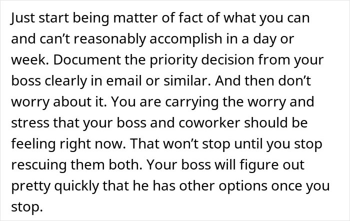 Text discussing workplace stress and priorities, highlighting coworker impact and handling what one shouldn&rsquo;t do.