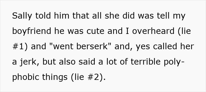 Text excerpt discussing a polyamorous woman making a pass at a taken guy and the girlfriend&rsquo;s confrontation reaction.