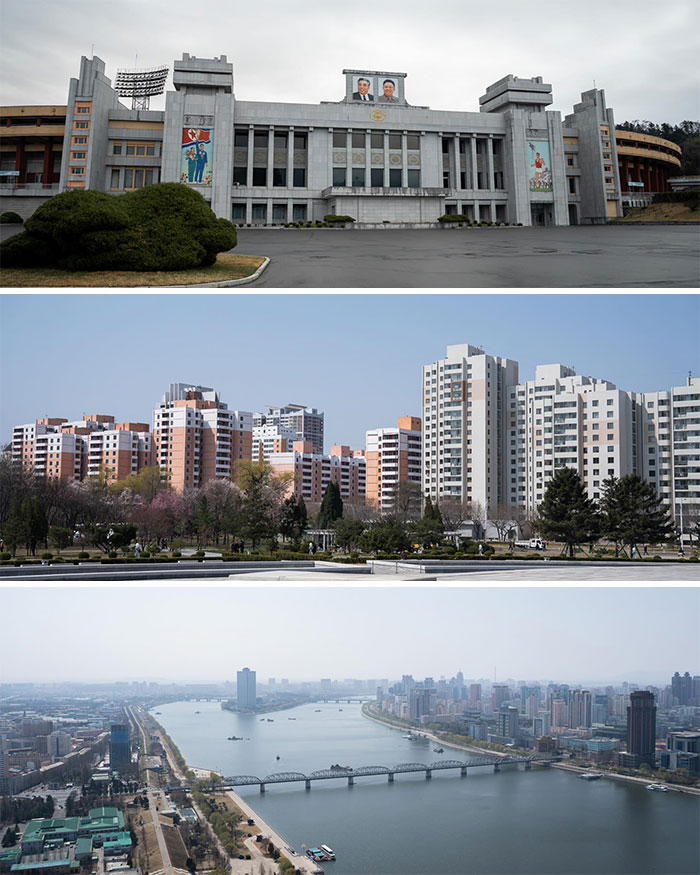 Images of North Korea showcasing urban buildings, cityscape, and the marathon route captured by an American travel influencer.