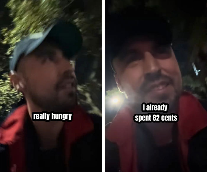 Comedian in NYC at night discussing being really hungry and spending 82 cents during $100 survival challenge.