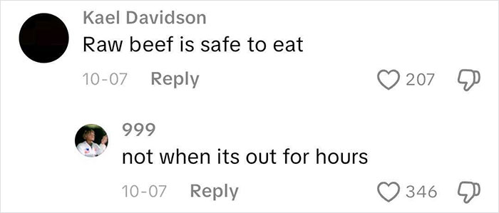 Screenshot of social media comments debating if raw beef is safe to eat, illustrating wild American food creations. Screenshot of social media comments debating if raw beef is safe to eat, illustrating wild American food creations.