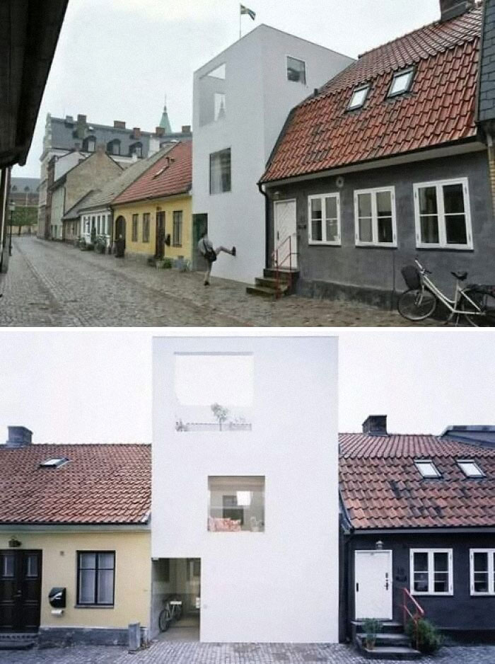 Narrow, white modern building disrupting the traditional street view, highlighting ugly and unesthetic modern architecture.