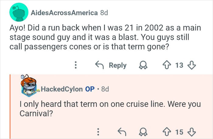 Screenshot of a social media conversation where cruise ship employees share behind the scenes look at their workplace.