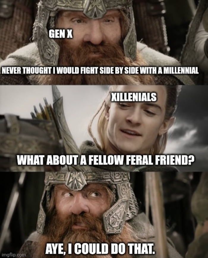 Characters from a fantasy film humorously discussing Gen X and Xillennials representing generation name chaos.