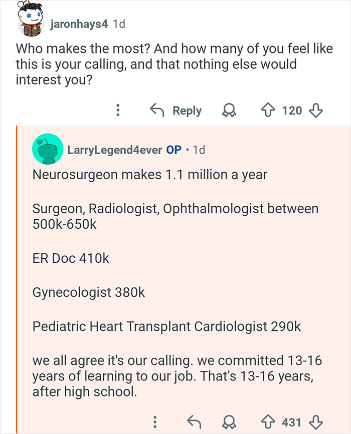 Reddit conversation detailing salaries of various doctors emphasizing commitment and calling in medicine.