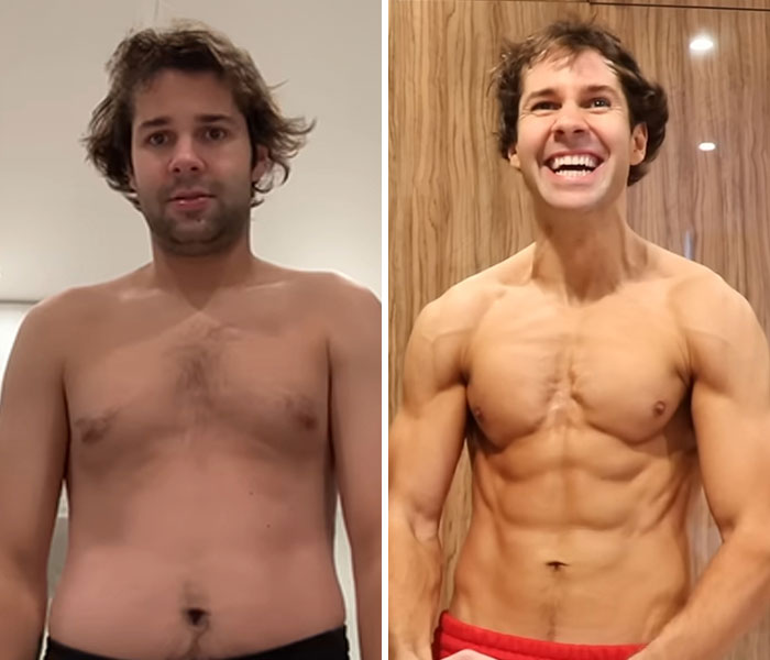 Before and after photo showing a celebrity transformation with a fit and muscular physique in 2025.
