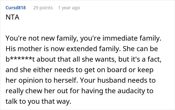 Text post from an online forum where a user discusses son choosing wife and baby over possessive mother-in-law.