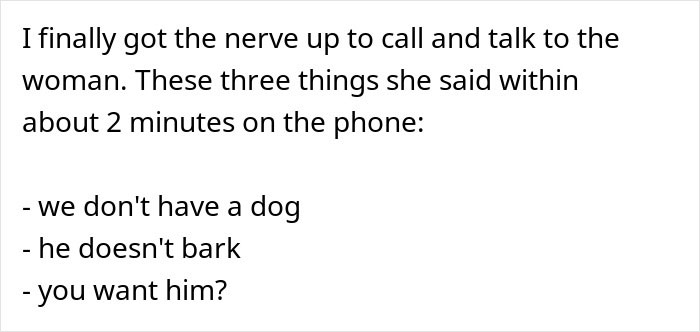Text excerpt showing a phone conversation where a woman denies having a barking dog despite neighbor complaints.