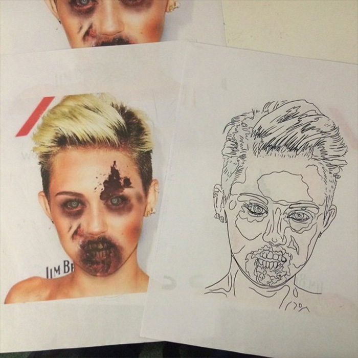Tattoo artist's viral regret shows a zombie-style tattoo design inspired by Miley with dark makeup and sketch outlines on paper.