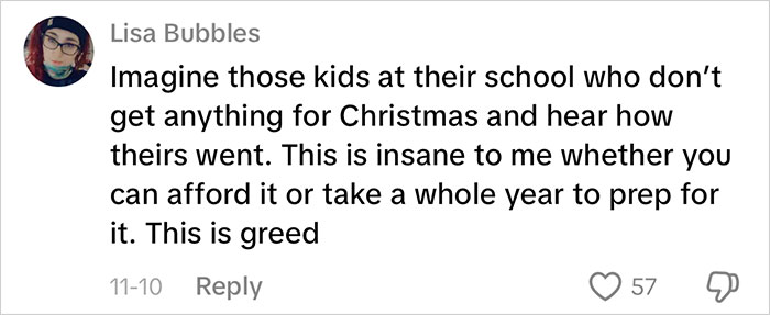 Comment from Lisa Bubbles criticizing excessive gifts for kids, highlighting greed and consumerism backlash online.