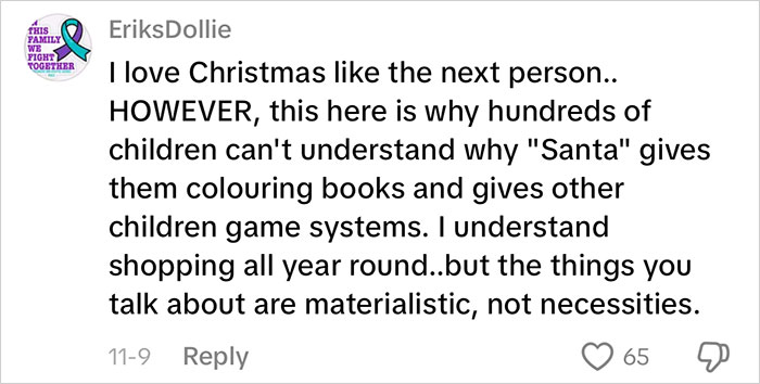 Comment criticizing excessive gifts for kids, highlighting consumerism and materialistic behavior during Christmas season.