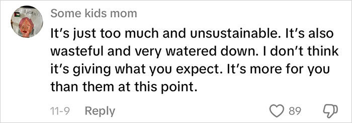 Screenshot of a social media comment criticizing a mom for excessive gifts reflecting consumerism concerns.