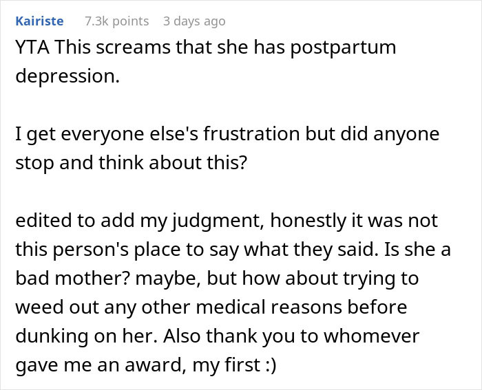 Comment discussing postpartum depression and frustrations related to being a stay-at-home mom with a reality check.