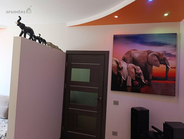 Modern interior with elephant decor and wild real estate listing elements in a unique property setting.