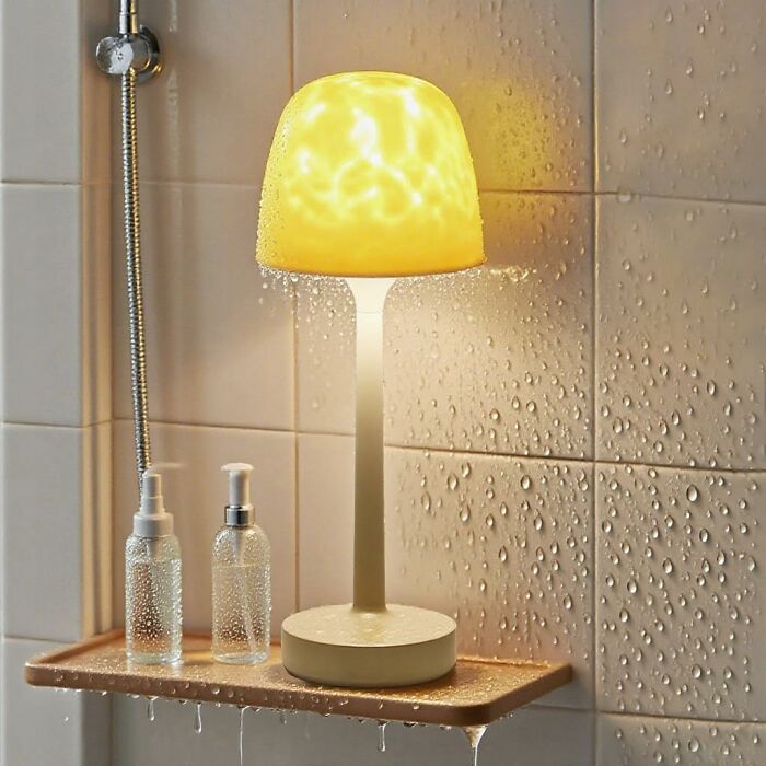 Waterproof cozy lamp glowing on a bathroom shelf with soap dispensers, adding warmth and comfort to the space.