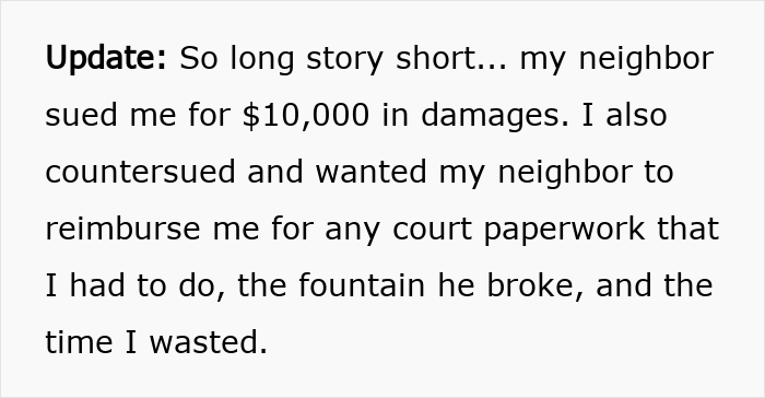 Text update about neighbor suing for $10,000 after kids use yard without permission and girl ends up in ER.