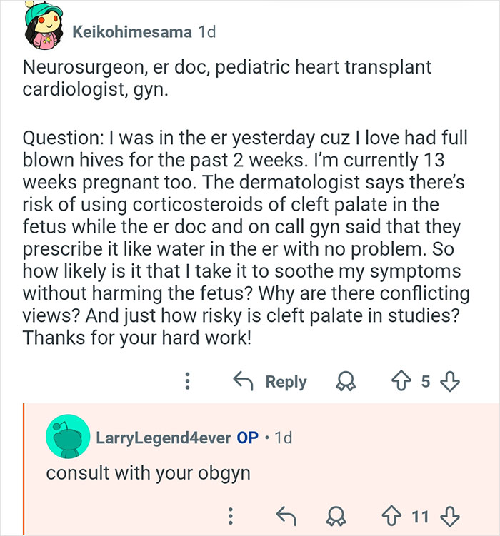 Reddit thread showing doctors answering medical questions in an internet AMA session about health risks.