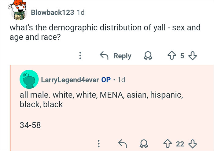 Reddit AMA screenshot showing demographic discussion about seven doctors including race, s*x, and age range 34-58.