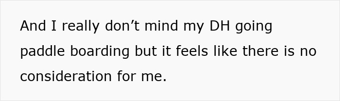 Text on a white background stating a wife's feelings about her husband going paddle boarding, sensing something is off.