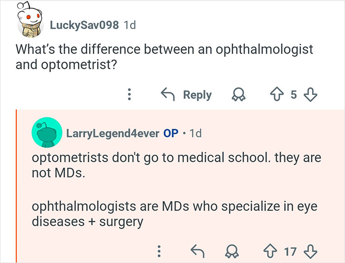 Reddit Q&A explaining the difference between ophthalmologist and optometrist by medical professionals online.