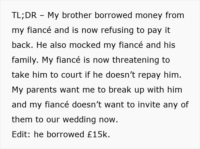 Text describing a fianc&eacute; threatening to take the bride&rsquo;s brother to court, causing wedding family conflict.