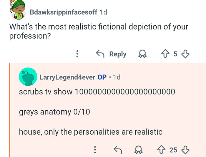 Online conversation showing internet users asking doctors about realistic fictional depictions of medical professions